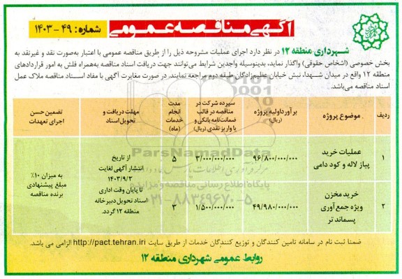 مناقصه عملیات خرید پیاز لاله و کود دامی و ... 