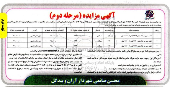 مزایده واگذاری سه قطعه زمین با کاربری مسکونی - مرحله دوم نوبت دوم