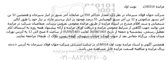 مزایده  مقدار حداکثر 950 تن ضایعات آجر نسوز و ... 
