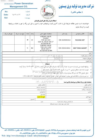 استعلام خرید رینگ های کنترل والو فیشر