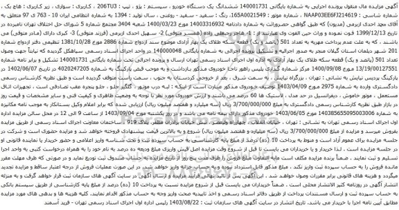 آگهی مزایده ششدانگ یک دستگاه خودرو ، سیستم : پژو ، تیپ : 206TU3 