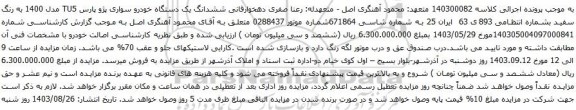 آگهی مزایده ششدانگ یک دستگاه خودرو سواری پژو پارس TU5 مدل 1400