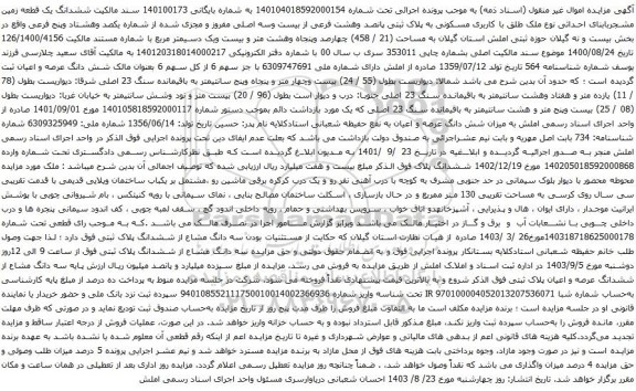آگهی مزایده ششدانگ یک قطعه زمین مشجربابنای احداثی نوع ملک طلق با کاربری مسکونی به پلاک ثبتی پانصد وهشت فرعی از بیست وسه اصلی