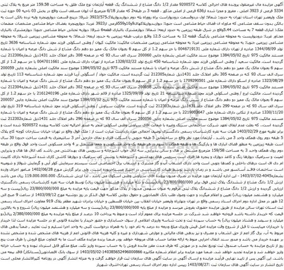 آگهی مزایده مقدار 1/2 دانگ مشاع از ششدانگ یک قطعه آپارتمان نوع ملک طلق به مساحت 159.58 متر مربع