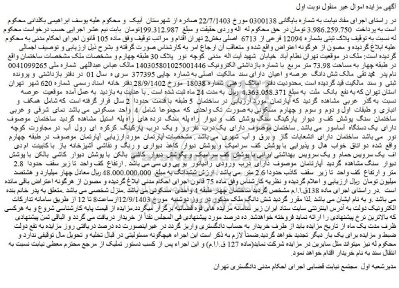 مزایده فروش ملک پلاک ثبتی بشماره 12094 فرعی از 6713 اصلی
