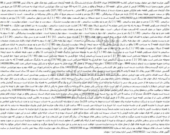 آگهی مزایده میزان 0/4دانگ مشاع ازششدانگ یک قطعه آپارتمان مسکونی نوع ملک طلق به پلاک ثبتی 100788 فرعی از 88 اصلی