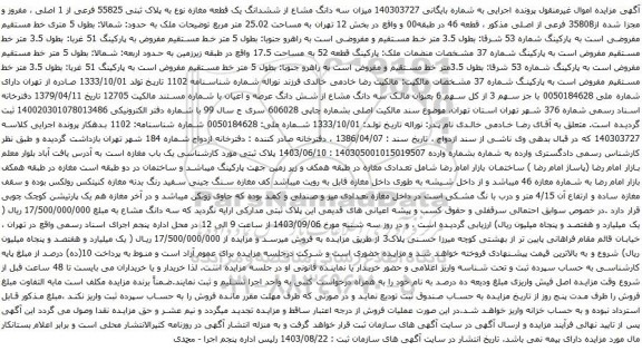 آگهی مزایده سه دانگ مشاع از ششدانگ یک قطعه مغازه نوع به پلاک ثبتی 55825 فرعی از 1 اصلی ، مفروز و مجزا شده از35808 فرعی از اصلی