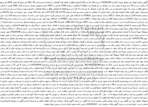 آگهی مزایده ششدانگ یک دستگاه آپارتمان واقع در طبقه اول (همکف با خیابان) به مساحت 30 /281 متر مربع