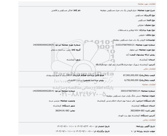 مزایده، فروش یک باب منزل مسکونی دوطبقه