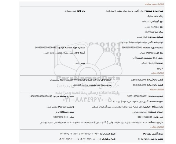 مزایده، آگهی مزایده اموال منقول ( نوبت اول)