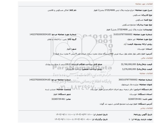 مزایده، مزایده پلاک ثبتی 2725/4606 بخش2 اهواز