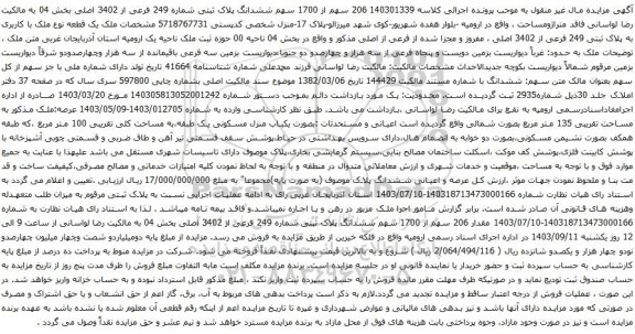 آگهی مزایده 206 سهم از 1700 سهم ششدانگ پلاک ثبتی شماره 249 فرعی از 3402 اصلی بخش 04