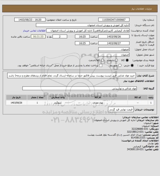استعلام خرید مواد غذایی طبق لیست پیوست. پیش فاکتور حتما در سامانه ارسال گردد. تمام اقلام از برندهای مطرح و درجه1 باشد
