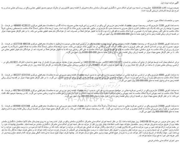 مزایده فروش یک قطعه زمین مزروعی آبی 