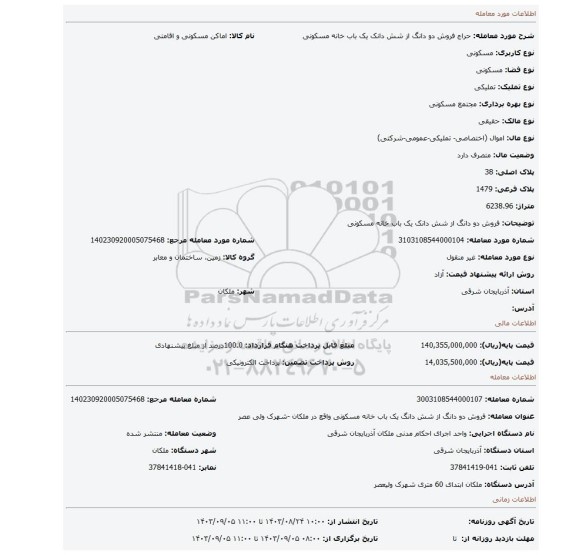 مزایده، فروش دو دانگ از شش دانک یک باب خانه مسکونی