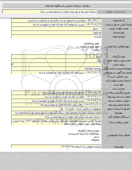 مزایده, انجام عملیات راهبری مجتمع زغال سنگ گلندرود در شهرستان نور استان مازندران