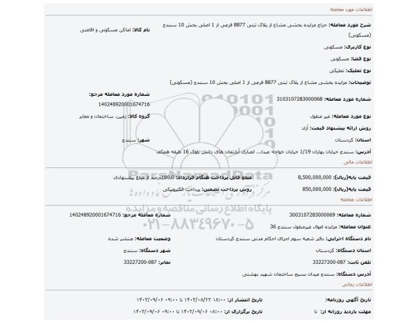 مزایده، مزایده بخشی مشاع از پلاک ثبتی 8877  فرعی از 1 اصلی بخش 10 سنندج (مسکونی)