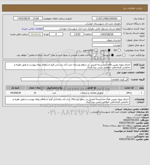 استعلام اجرای پروژه دوربین های مداربسته امنیتی در سطح روستای جنت آباد براساس فرم استعلام بهای پیوست و طبق نظریه و جانمایی فرماندهی انتظامی-پلیس پیشگیری