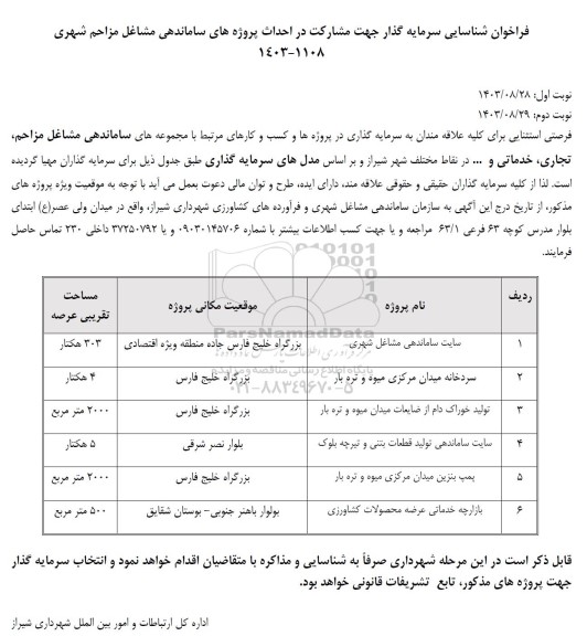 فراخوان شناسایی سرمایه گذار جهت مشارکت در احداث پروژههای ساماندهی مشاغل مزاحم شهری
