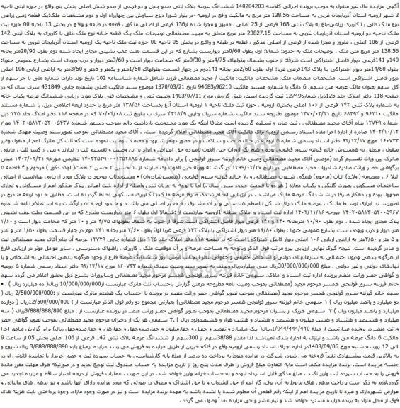 آگهی مزایده ششدانگ عرصه پلاک ثبتی صدو چهل و دو فرعی از صدو شش اصلی بخش پنج