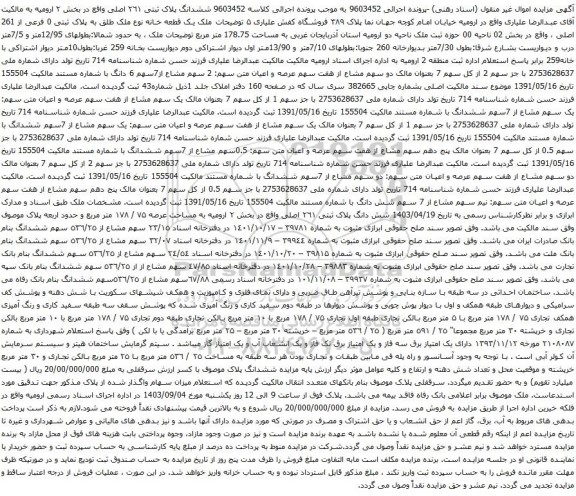 آگهی مزایده ششدانگ پلاک ثبتی ٢٦١ اصلی