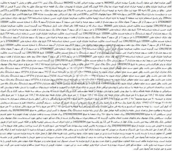 آگهی مزایده ششدانگ پلاک ثبتی ٢٦١ اصلی