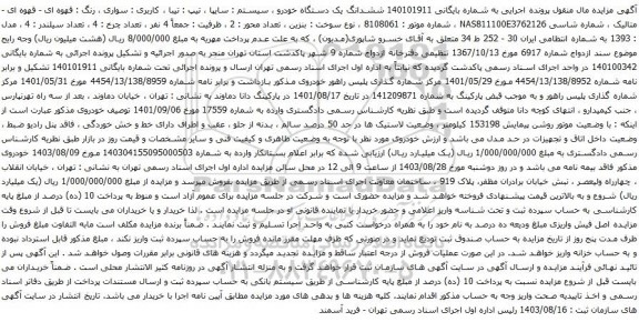 آگهی مزایده ششدانگ یک دستگاه خودرو ، سیستم : سایپا ، تیپ : تیبا