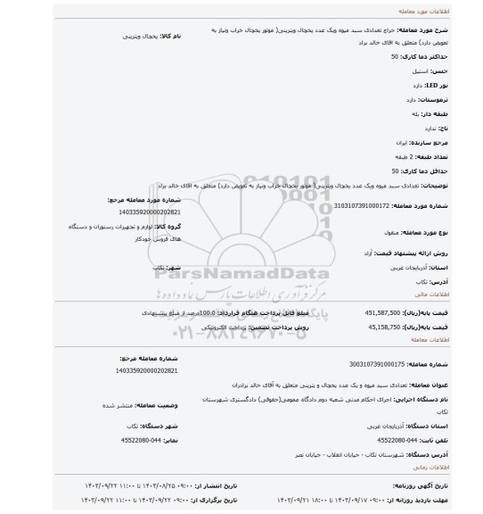مزایده، تعدادی سبد میوه ویک عدد یخچال ویترینی( موتور یخچال خراب ونیاز به تعویض دارد) متعلق به اقای خالد براد