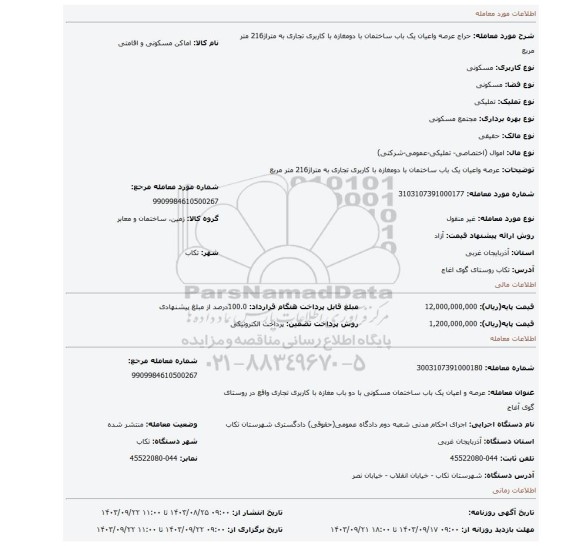 مزایده، عرصه واعیان یک باب ساختمان با دومغازه با کاربری تجاری به متراژ216 متر مربع