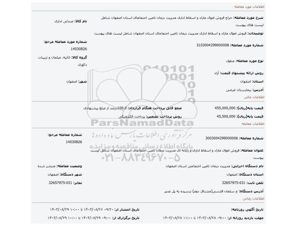 مزایده، فروش اموال مازاد و اسقاط اداری مدیریت درمان تامین اجتماعای استان اصفهان شامل لیست های پیوست