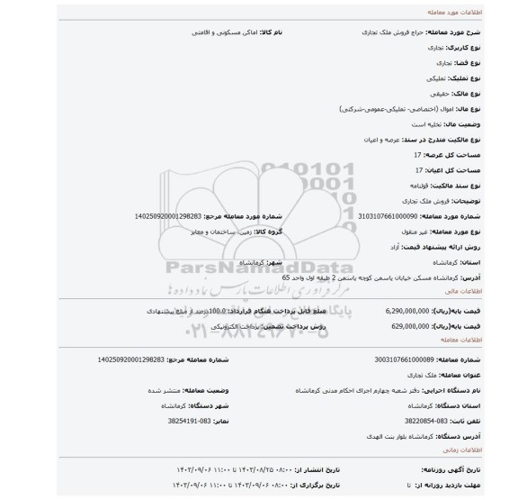 مزایده، فروش ملک تجاری