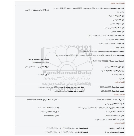 مزایده، مقدار 18 سهم و 76 صدم سهم از 68705 سهم مشاع از 325.125 سهم کل اراضی دیم