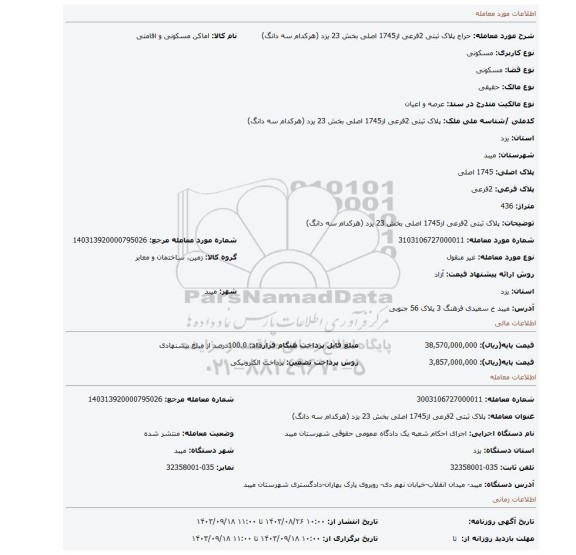 مزایده، پلاک ثبتی 2فرعی از1745 اصلی بخش 23 یزد (هرکدام سه دانگ)