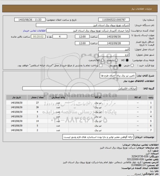 استعلام تامین تیر برق برای اجرای طرح ها