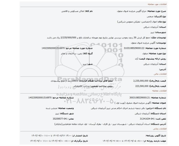 مزایده، آگهـی مـزایده امـوال منقول
