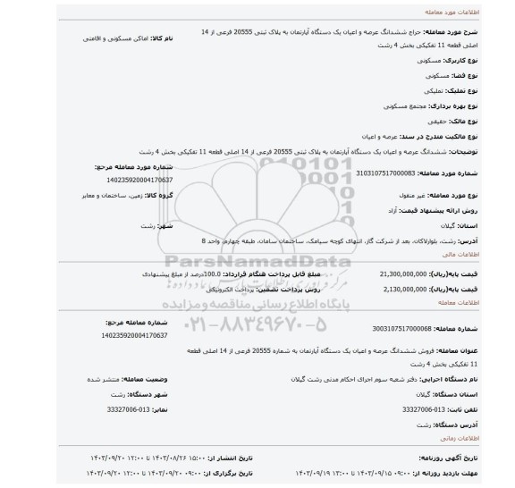 مزایده، ششدانگ عرصه و اعیان یک دستگاه آپارتمان به پلاک ثبتی 20555 فرعی از 14 اصلی قطعه 11 تفکیکی بخش 4 رشت