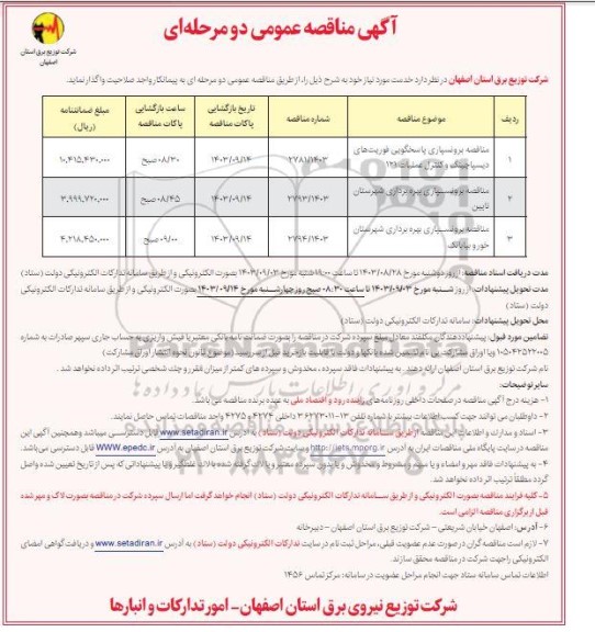 مناقصه برونسپاری پاسخگویی فوریت های دیسپاچینگ و کنترل عملیات ...