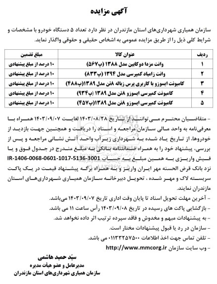 مزایده واگذاری تعداد 5 دستگاه خودرو