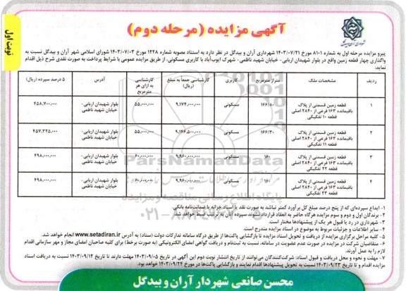مزایده واگذاری چهار قطعه زمین با کاربری مسکونی