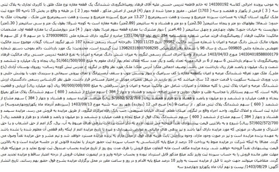 آگهی مزایده ششدانگ یک قطعه مغازه نوع ملک طلق با کاربری تجاری به پلاک ثبتی سه ( 3 ) فرعی از یکهزار و هفتصد و سه ( 1703) اصلی
