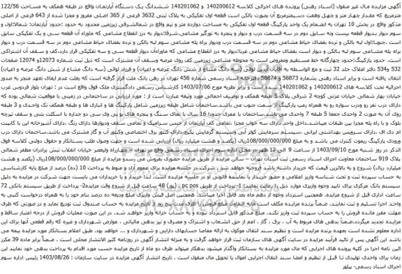 آگهی مزایده ششدانگ یک دستگاه آپارتمان واقع در طبقه همکف به مساحت 122/56 مترمربع