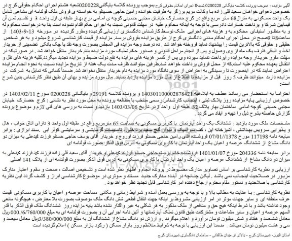 مزایده فروش ششدانگ یک واحد آپارتمان با کاربری مسکونی به مساحت 65 مترمربع