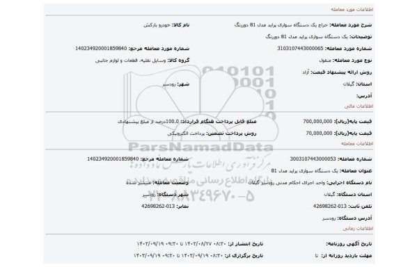مزایده، یک دستگاه سواری پراید مدل 81 دوررنگ