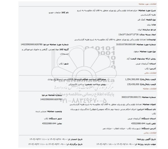 مزایده، تعدادی لوازم یدکی پژو وپراید متعلق به اقای آزاد ملاویسه به شرح نظریه کارشناسی