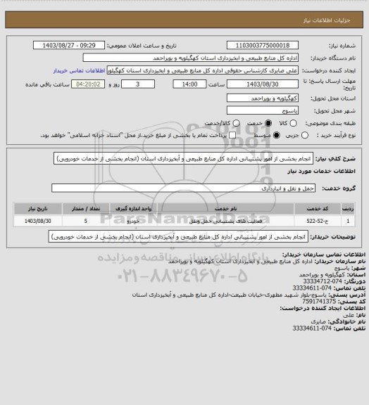 استعلام انجام بخشی از امور پشتیبانی اداره کل منابع طبیعی و آبخیزداری استان (انجام بخشی از خدمات خودرویی)