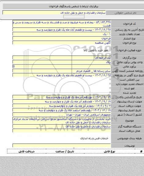 مناقصه, خرید بخشی از تجهیزات دو دستگاه آسانسور ضلع شرقی ساختمان ستاد مرکزی سازمان راهداری و حمل و نقل جاده ای