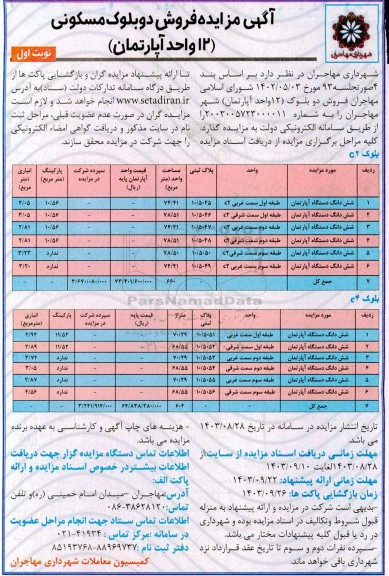 مزایده فروش دو بلوک (12 واحد آپارتمان) با کاربری مسکونی