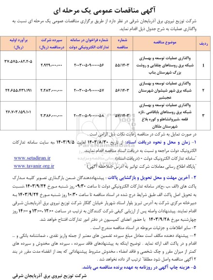 مناقصه واگذاری عملیات توسعه و بهسازی شبکه برق ....