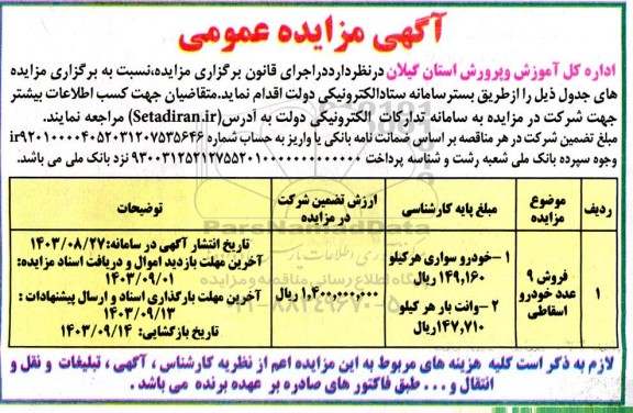 مزایده فروش 9 عدد خودرو اسقاط