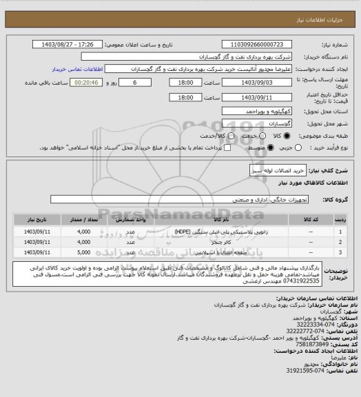 استعلام خرید اتصالات لوله سبز